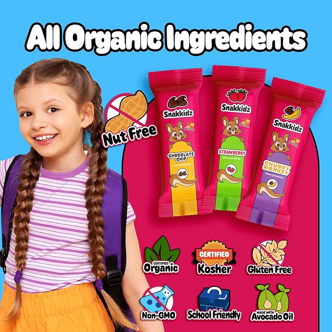 Snakkidz Organic Chewy Granola Bar, Allergen Free, Made with Avocado Oil, Low Sugar (45 Bars, Variety)