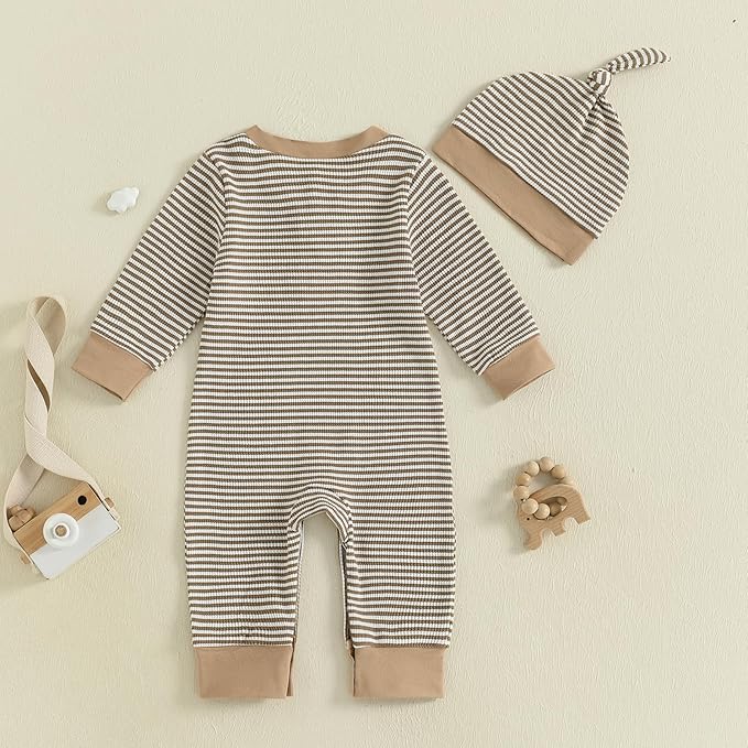 fhutpw Newborn Baby Boy Clothes Ribbed Knit Bodysuit 3 6 Months Infant Fall Long Sleeve Splicing Color Romper Jumpsuit & Hat