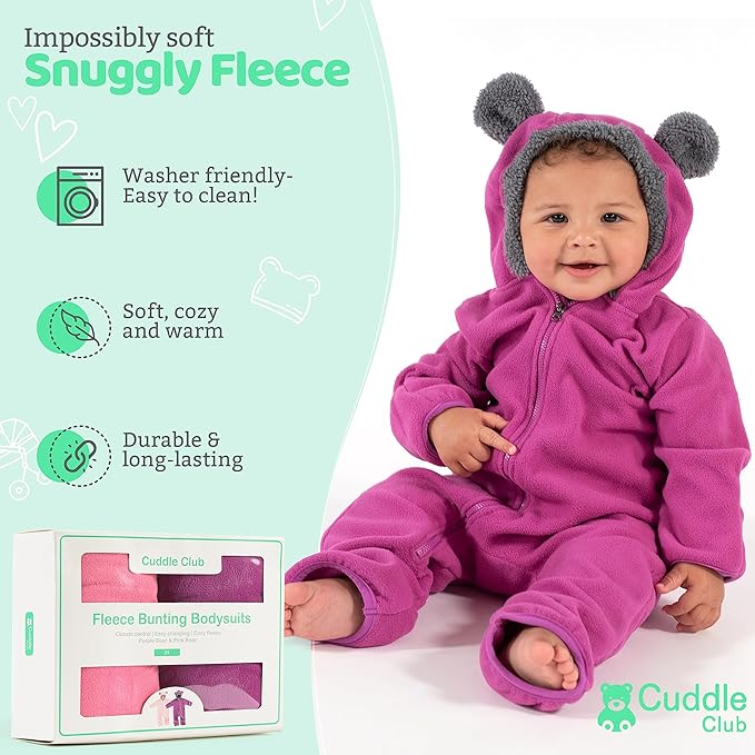 Cuddle Club Fleece Baby Bunting Bodysuit with Hood, Convertible Mittens & Booties, Car Seat Friendly, Soft & Warm, Easy Zip