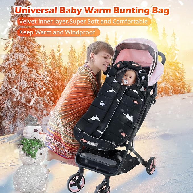 LAT Baby Warm Bunting Bag Universal,Stroller Sleeping Bag Cold Weather,Waterproof Toddler Footmuff(Basic,Black Dinosaur)