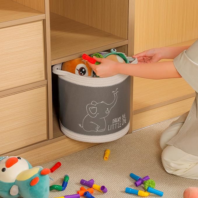 Toy Basket for Baby Laundry Hamper Blanket Baskets Cute Elephant Nursery Hampers Toy Storage Basket, Woven Cotton Rope Nursery Organization Bins For Girls Boys Kids Baby Shower Gifts Baskets