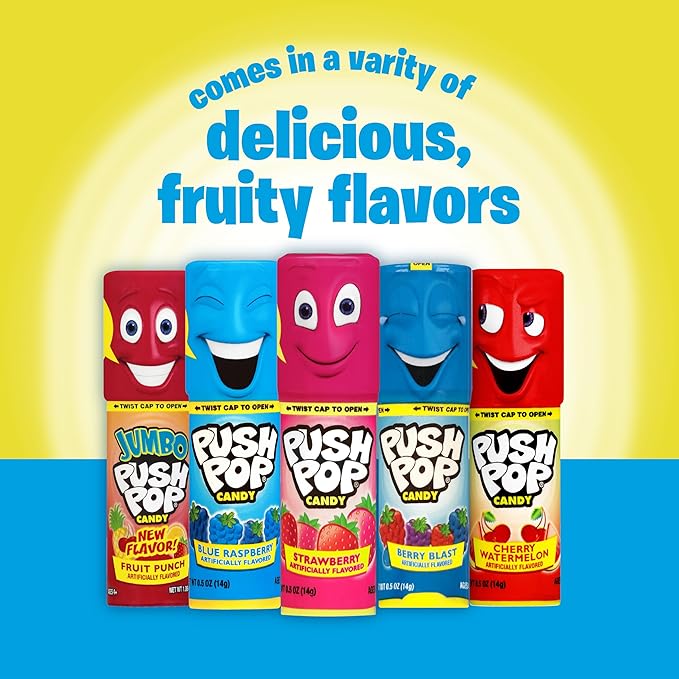 Push Pop Candy Variety Pack, Bulk Individually Wrapped for Party Favors, 24 Count Variety Lollipops, Fun Push Pop Lollipop Gift Baskets, Goodie Bags, Candy Gifts, Birthdays Kids Party Favors