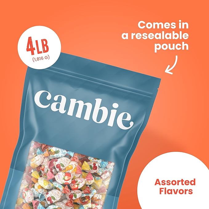 Assorted Fruit Hard Candy Individually Wrapped by Cambie, 4 lbs of Fruit Candy with a Deliciously Sweet Hard Exterior with a Soft, Decadent Filled Center