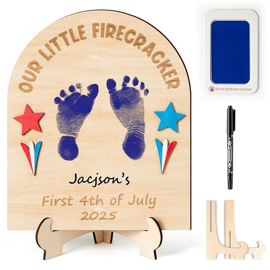 R HORSE Baby's First July 4th Footprint or Handprint DIY Art Sign Craft, 3D Engraved Wooden Hanging Ornament, Newborn Keepsake Gift Photo Prop for Unisex Baby Independence Day Baby Shower Supplies