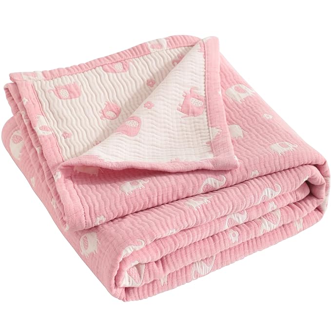 NTBAY 3 Layer Oversized Muslin Cotton Toddler Blanket, Jacquard Reversible Nursery Bed Blanket, Super Soft and Thermal for All Seasons, Baby Gift, 45"x60", Pink Elephant