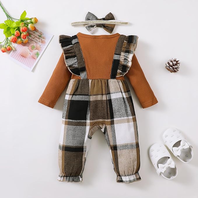 Newborn Infant Baby Girl Clothes Fall Winter Plaid Long Sleeve Jumpsuit One Piece Romper Bodysuit Baby Overalls Outfits