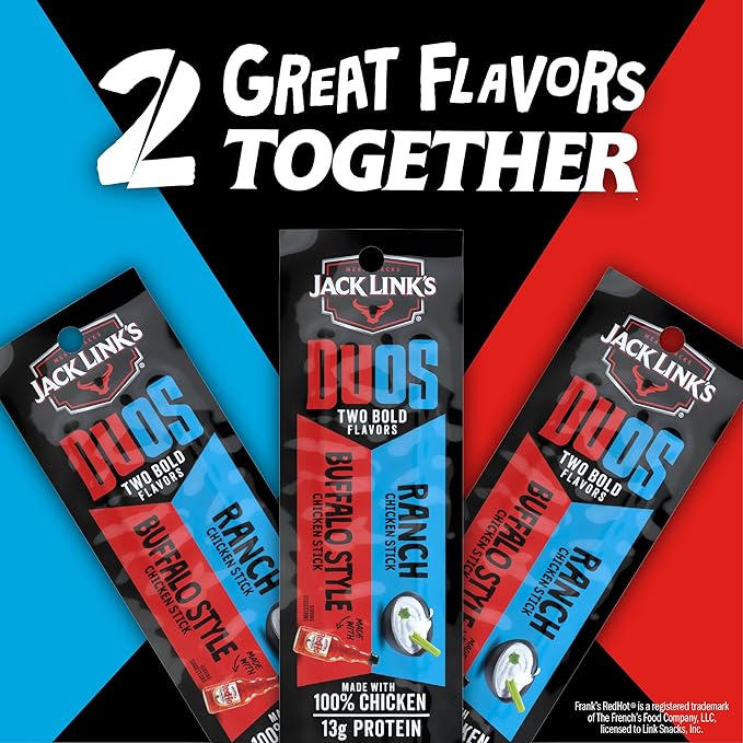 Jack Link's DUOs Chicken Jerky Meat Snack Sticks with 13g Protein - Frank's RedHot Buffalo Style With Creamy Ranch, Made with 100% Chicken, Two Flavors in One Package, 1.84oz (10 Pack of 2 Sticks)