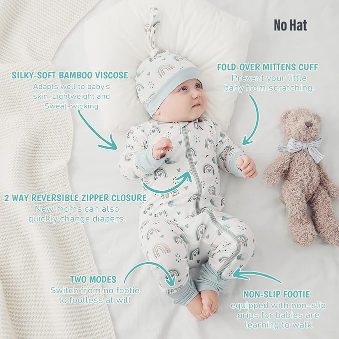 OPAWO Viscose from Bamboo Baby Pajamas Girl 2pack Mittens Cuff 2 Way Zipper Soft Footless Sleeper Baby Boy One-Piece Romper