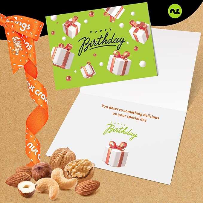 NUT CRAVINGS Gourmet Collection - Happy Birthday Treats, Nuts Gift Basket with Bday Ribbon (7 Assortments) Food Platter, Healthy Snack Care Package, Food Assortments