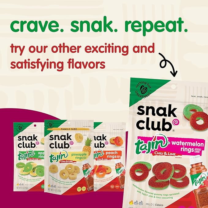 Snak Club Tajin Mango Rings Gummy Candy, Fruit Candy Gummies with Chili and Lime Seasoning, Mild, Gluten-Free and Vegan Snacks, 11 oz Resealable Bag