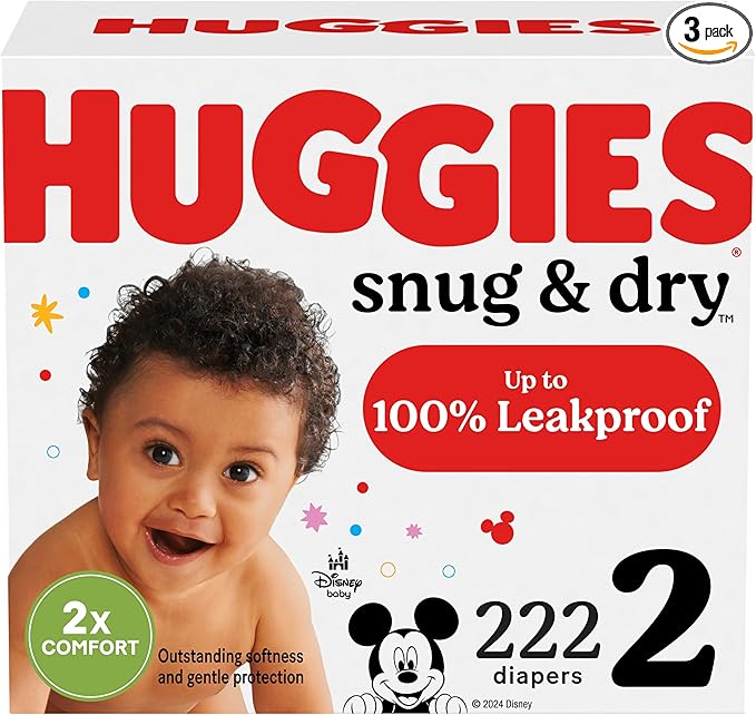 Huggies Size 2 Diapers, Snug & Dry Baby Diapers, Size 2 (12-18 lbs), 222 Count (3 Packs of 74), Packaging May Vary