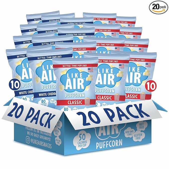 Like Air Puffcorn Variety Pack (0.5 oz, Pack of 20), White Cheddar & Classic - 80 Calories, Gluten Free (White Cheddar & Classic) - Shark Tank Product