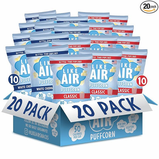 Like Air Puffcorn Variety Pack (0.5 oz, Pack of 20), White Cheddar & Classic - 80 Calories, Gluten Free (White Cheddar & Classic) - Shark Tank Product