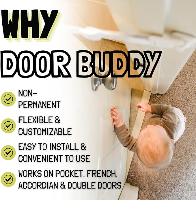 Door Buddy Baby & Cat Door Latch - Grey. Adjustable Strap Keeps Kids Out of Cat Areas. Simple Child Safety Lock for Doors. The Easier Baby Gate and Kitty Door Interior Alternative.