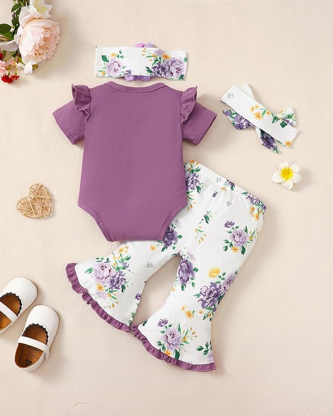 SUNNY PIGGY Newborn Baby Girl Clothes Infant Outfits Romper Floral Fall Outfit Bell Bottoms Pant Sets Hat Headband Flowerpant