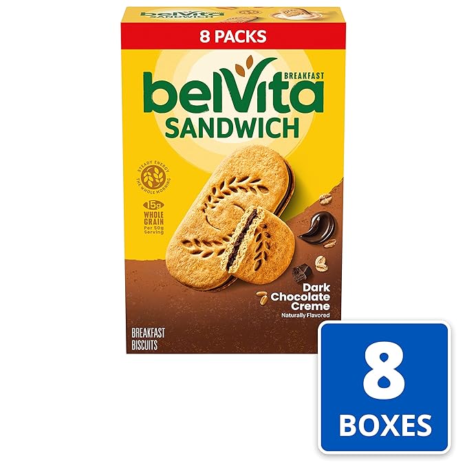 belVita Breakfast Sandwich Dark Chocolate Creme Breakfast Biscuits, 64 Total Packs, 8 Boxes (2 Sandwiches Per Pack)