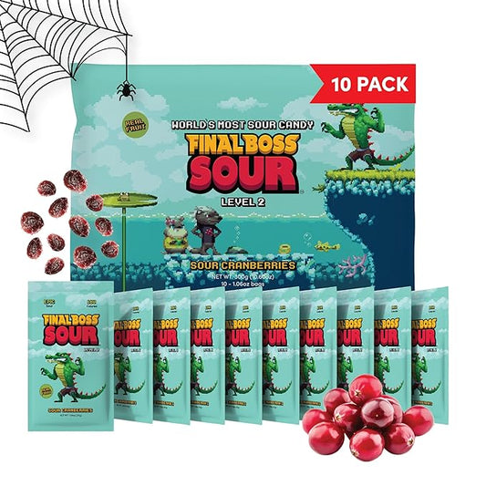 Final Boss Sour Candy, Sour Cranberries, 10 Pack, Level 2, Fruit Chews with Real Dried Fruit, No Artificial Colors or Flavors, Low Calorie Snack for Kids, Teens, Adults, Lunch Boxes & On The Go