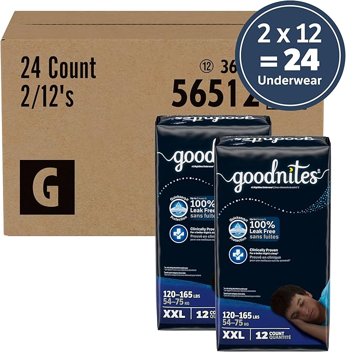 Goodnites Boys' Nighttime Underwear, Size XXL (120-165 lbs), 24 Ct (2 Packs of 12), Packaging May Vary