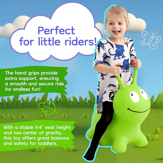 Jumpy Inflatable Bouncer - Animal Ride on Toy for Kids, Toddler’s, Boys, and Girls – Stable and Durable for Indoor and Outdoor Play, Pump and Birth Certificate Included - Green WORMY