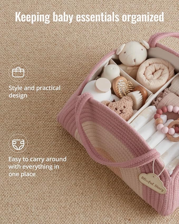 Blissful Diary Baby Diaper Caddy Organizer, Cotton Rope Diaper Caddy Basket, Large Storage Basket for Newborn Boys and Girls, Gift for Baby Shower List, Newborn Essentials, Blush Rainbow