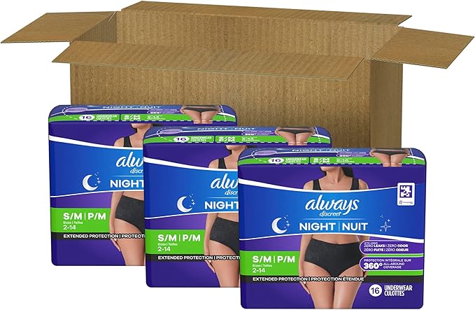 Always Discreet Adult Incontinence Overnight Underwear for Women, Small/Medium, Up to 100% Bladder Leak Protection, 48 Count (3 Packs of 16)