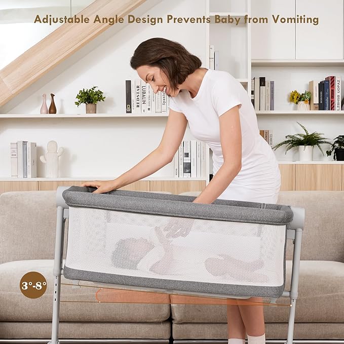 Bassinet Bedside Sleeper - All-Mesh Design, Portable Bedside Bassinet for Baby with Washable Mattress, 5 Adjustable Heights (Grey)