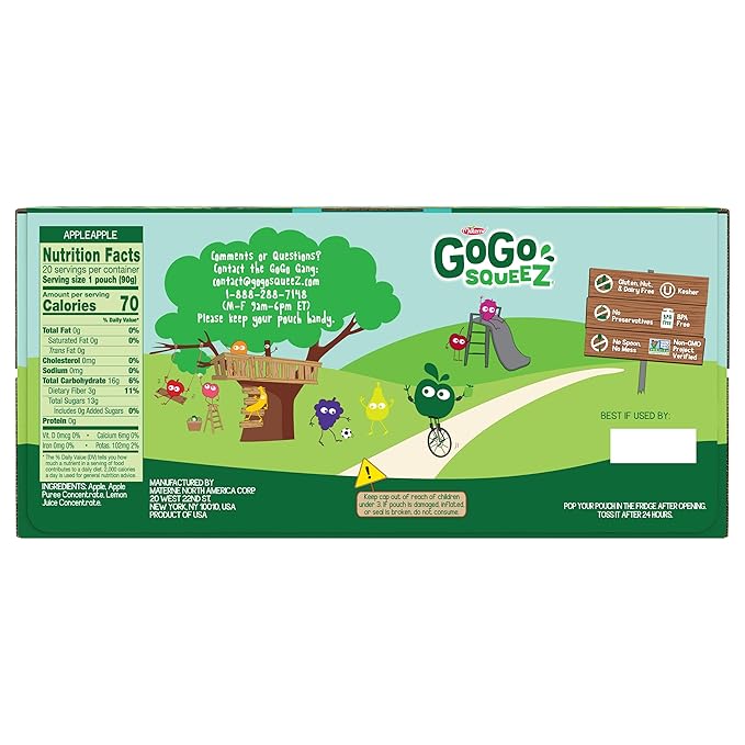 GoGo squeeZ Applesauce and Fruit Puree, Apple Apple, 3.2 oz (Pack of 20), Unsweetened Fruit Snacks for Kids, Gluten Free, Nut Free and Dairy Free, Recloseable Cap, BPA Free Pouches