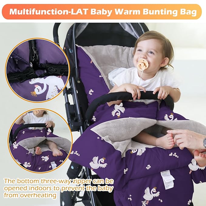 LAT Baby Warm Bunting Bag Universal,Stroller Sleeping Bag Cold Weather,Waterproof Toddler Footmuff(Basic,Purple Swan)