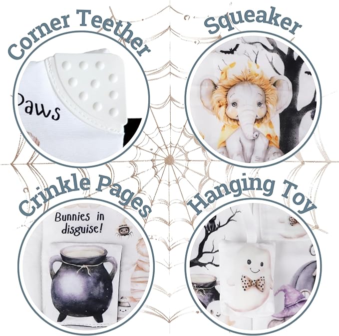 Ali+Oli Baby Cloth Book – Soft Sensory Crinkle Book with Teether for Infants 0-12 Months – Early Learning Touch & Feel Tummy Time Toy – Newborn Shower Gift for Christmas - Halloween Paws