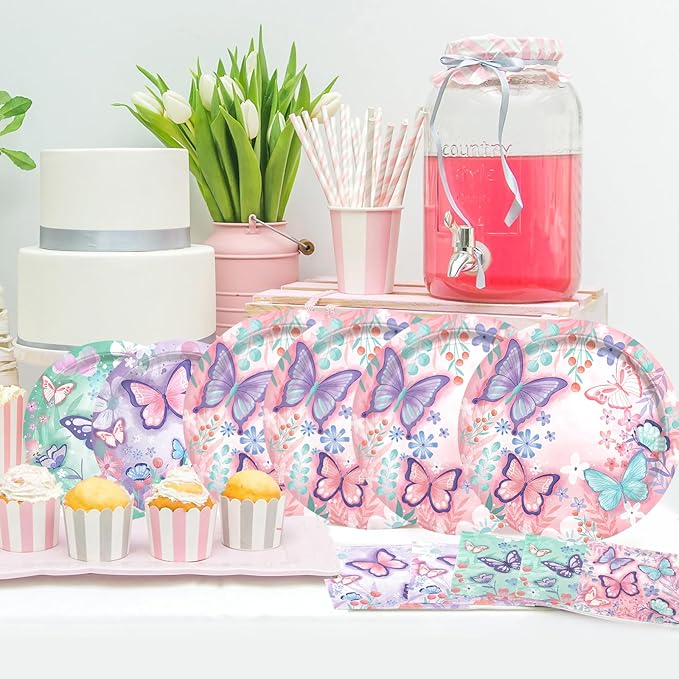 Butterfly Birthday Party Supplies Set - Includes Disposable Plates, Cups, Napkins, Tablecloth, and Banner | Butterfly Party Decorations for Girls Birthday Celebration,Serve 24