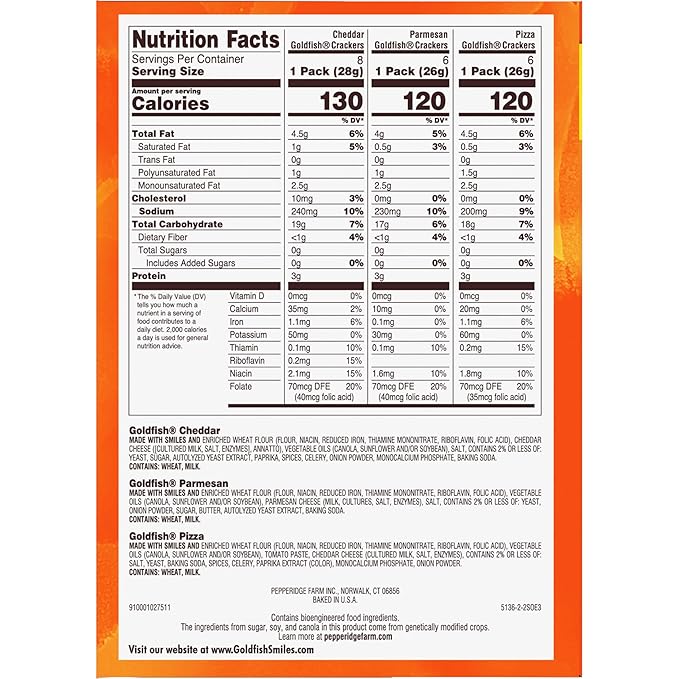 Goldfish Crackers Say Cheeeese Variety Pack with Cheddar, Pizza and Parmesan, Snack Packs, 20 Ct