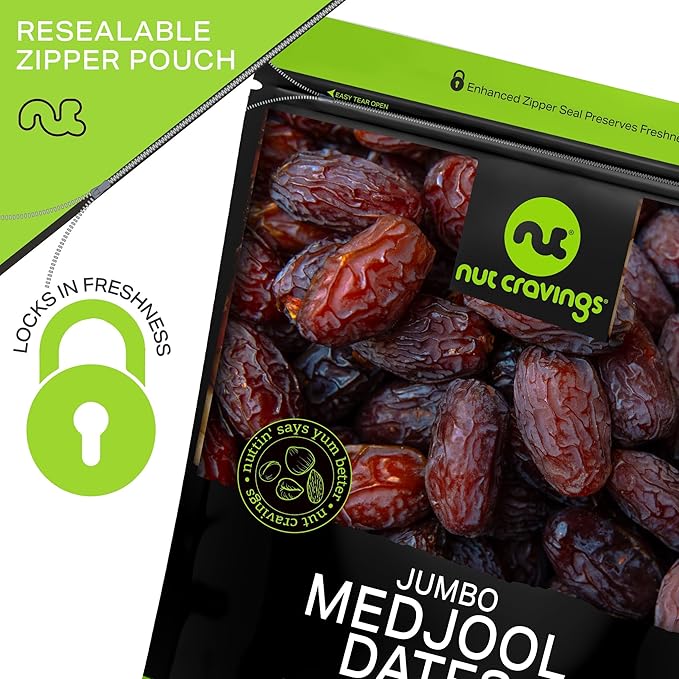 NUT CRAVINGS - Sun Dried Jumbo Medjool Dates, No Sugar Added (48oz, 3 LB) Bulk Dry Fruits Packed Fresh in Resealable Bag - Sweet Healthy Snack, Naturally Grown, Vegan, Kosher
