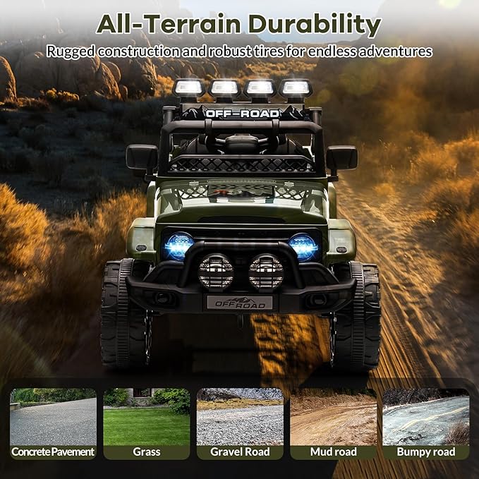 GarveeLife 12V Kids Ride On Car, Ride On Toy for Kids Ages 37-96 Months, Electric Truck with 5MPH Max Speed, Remote Control, Steering Wheel, Accelerator Pedal, Treaded Tires, Music and Story, Green