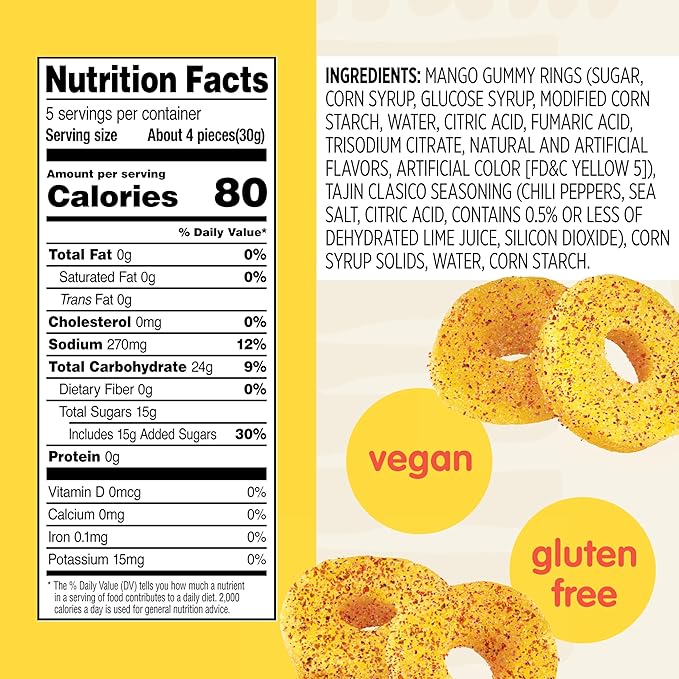 Snak Club Tajin Mango Rings Gummy Candy, Fruit Candy Gummies with Chili and Lime Seasoning, Mild, Gluten-Free and Vegan Snacks, 5 oz Resealable Bags, 6 Pack