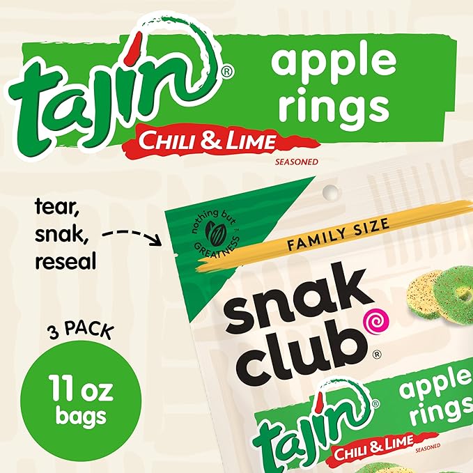 Snak Club Tajin Apple Rings Gummy Candy, Fruit Candy Gummies with Chili and Lime Seasoning, Mild, Gluten-Free and Vegan Snacks, 11 oz Resealable Bags, 3 Pack