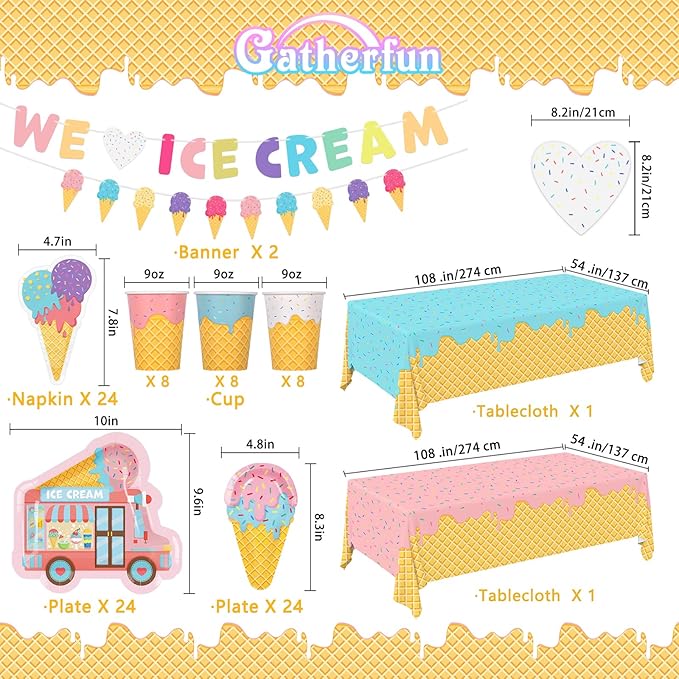 Ice Cream Party Supplies Kit for 24: Ultimate Bundle with Vibrant Paper Plates, Napkins, Cups, Tablecloth & Banner - Ice Cream Birthday Party Decorations