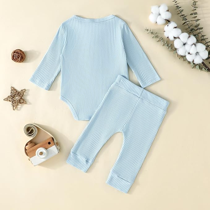 Newborn Baby Boy Girl Clothes Ribbed Knit Cotton Long Sleeve Romper Long Pant Preemie Solid Color Unisex Outfits