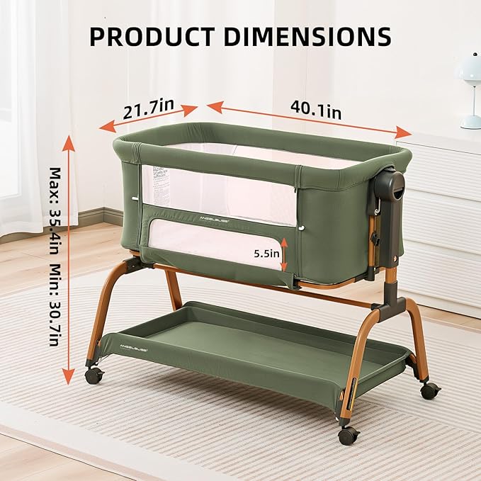 ANGELBLISS 3 in 1 Baby Bassinet, Rocking Bassinets Bedside Sleeper with Comfy Mattress and Wheels, 6 Height Adjustable Easy Folding Portable Bedside Crib for Newborn Infant (Green)
