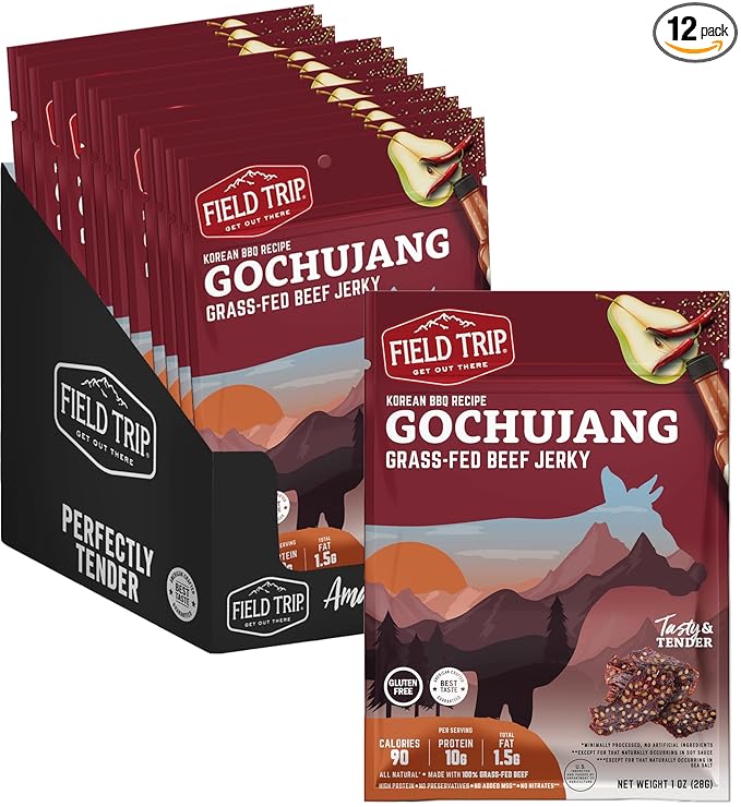 Field Trip Grass Fed Beef Jerky, Healthy Gluten Free Snacks, All Natural, Paleo-Friendly Beef Jerky, High Protein, Low Carb Snack with No Nitrates, 1oz Bag, 12 Pack, Gochujang Korean BBQ