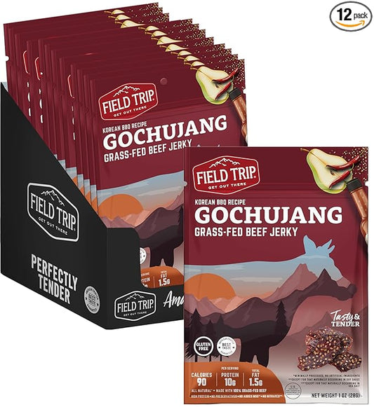 Field Trip Grass Fed Beef Jerky, Healthy Gluten Free Snacks, All Natural, Paleo-Friendly Beef Jerky, High Protein, Low Carb Snack with No Nitrates, 1oz Bag, 12 Pack, Gochujang Korean BBQ