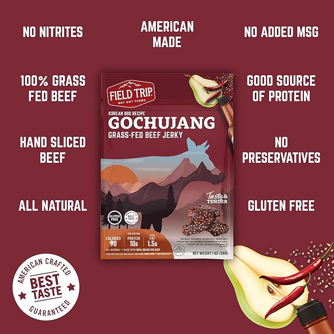 Field Trip Grass Fed Beef Jerky, Healthy Gluten Free Snacks, All Natural, Paleo-Friendly Beef Jerky, High Protein, Low Carb Snack with No Nitrates, 1oz Bag, 12 Pack, Gochujang Korean BBQ