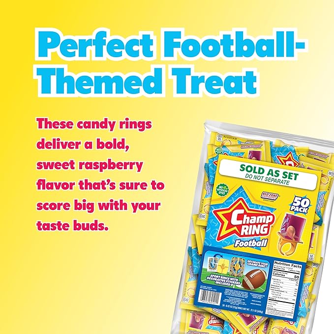 Champ Ring Football, Red Zone Raspberry - Bold Raspberry Flavored Candy Rings - Individually Wrapped - No Artificial Colors or Dyes - Perfect for Parties, Events & Snacks - Bulk Pack of 50