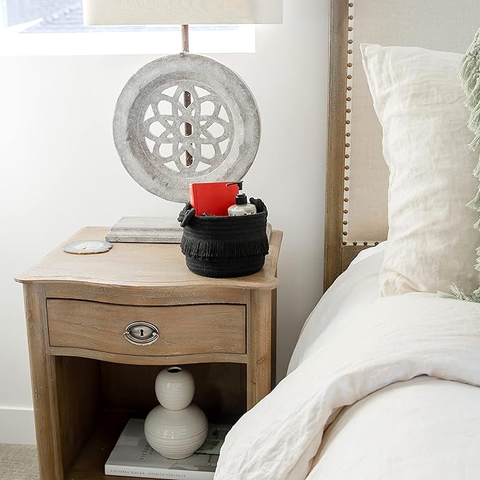 NaturalCozy 3-Piece Decorative Storage Basket Set – Black Cotton Rope Small Woven Baskets for Organizing for Nursery Baby Stuff, Gift, Vanity, Montessori, Dog Cat Toy Bin, Planter, Bathroom Shelves