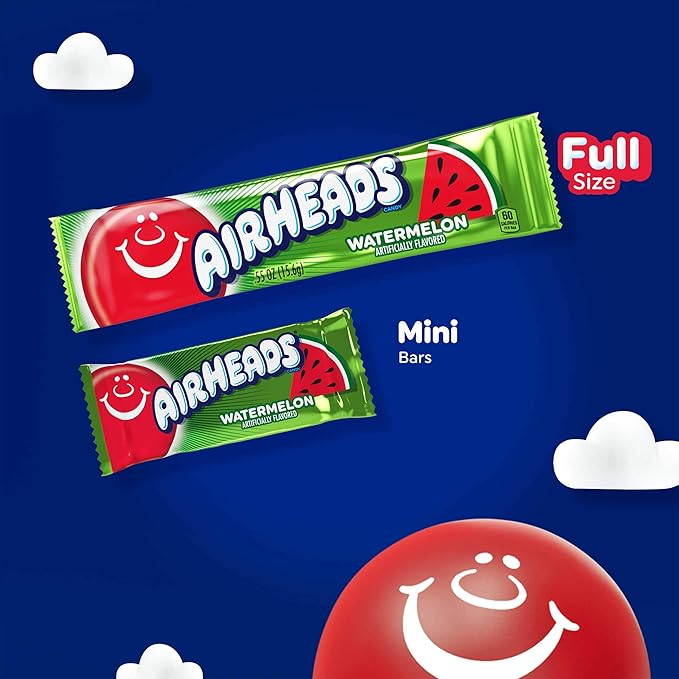 Airheads Halloween Trick or Treat Candy Full Size Bars, Watermelon Flavor, Individually Wrapped Bulk Candy for Adults & Kids, Taffy, Non-Melting, Party (Pack of 36 Bars)