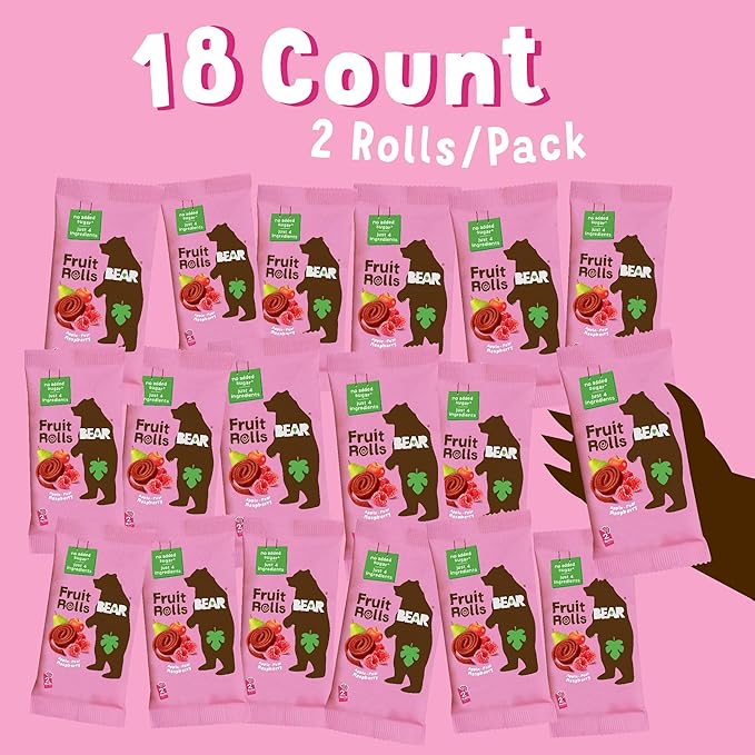 BEAR Real Fruit Snack Rolls - Gluten Free, Vegan, and Non-GMO - Raspberry – Healthy School And Lunch Snacks For Kids And Adults, 0.7 Ounce (Pack of 18)
