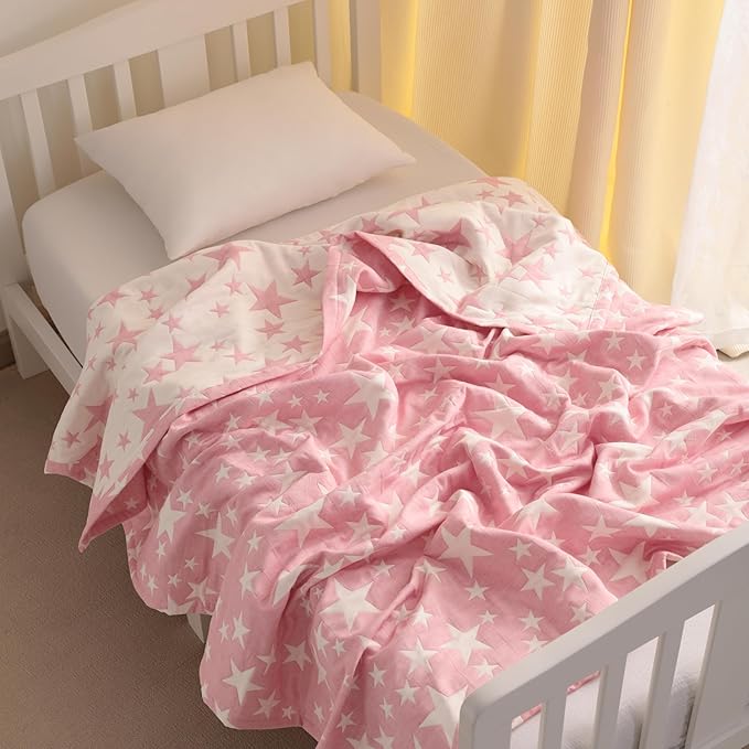 NTBAY 3 Layer Oversized Muslin Cotton Toddler Blanket, 45x60 Inches Jacquard Reversible Nursery Bed Blanket, Super Soft and Thermal Crib Blanket for All Seasons, Baby Gift, 45"x60", Pink/White Star