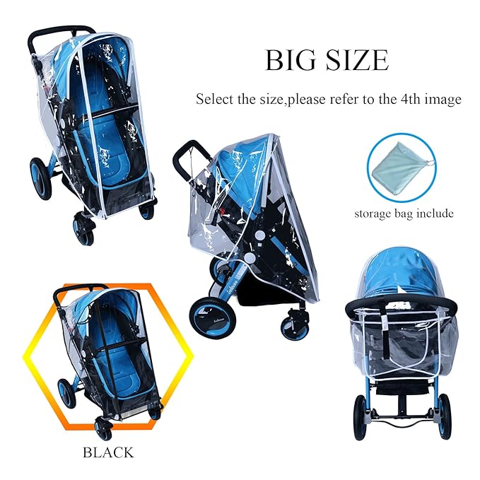 Baby Stroller Rain Cover Umbrella Weather Shield Accessories Universal Size Protect from Rain Wind Snow Dust Water Proof Ventilate Clear Food Grade Materia EVA Plastic Zipper Black (Large)