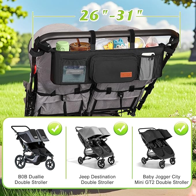 Guiseapue Double Stroller Organizer with 2 Insulated Cup Holders: Parent Console Double Jogging Stroller Accessories Fits for Baby Jogger City Mini GT2 and Jeep Double Stroller