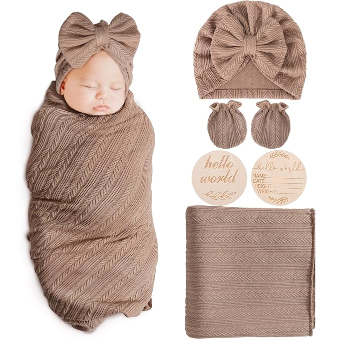 Newborn Receiving Blanket with Bow Hat Mittens Wooden Card Set Wheat-Pattern Newborns Toddler Baby Boy Girl Nursery Swaddle Wrap