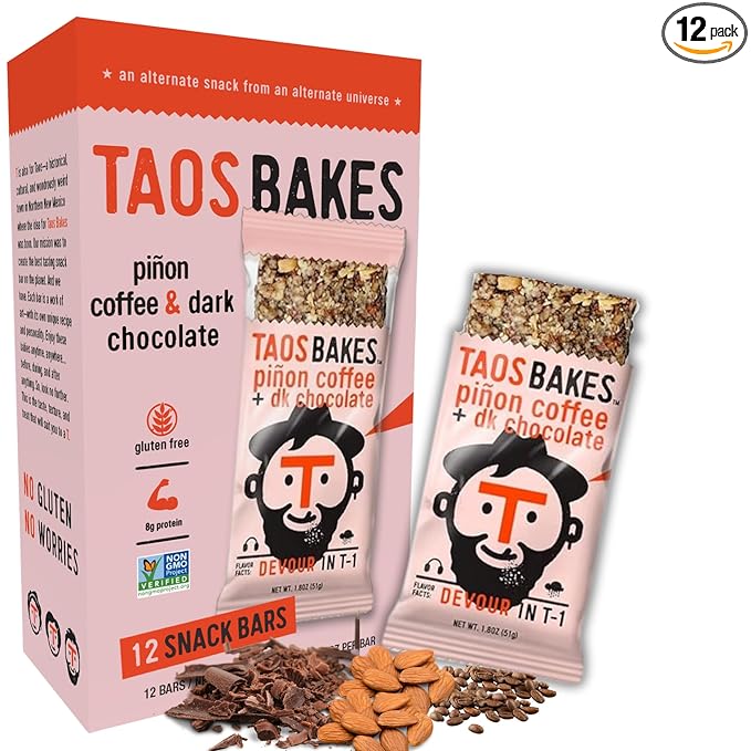 Taos Bakes - Coffee + Dark Chocolate - Breakfast Bar - 8g of Protein, 6g Fiber, & Gluten Free - Healthy Snack for Adults - Filled with PIne Nuts, Almonds, Chocolate, & Chia Seeds - 12 Pack, 1.8oz ea